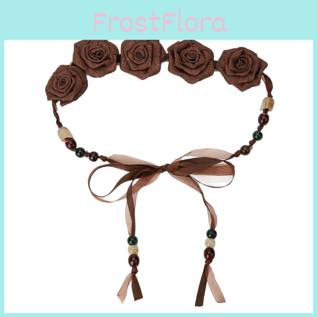 Ethnic Style Skinny Waist Band With Fabric Flower Decor For Boho Dresses