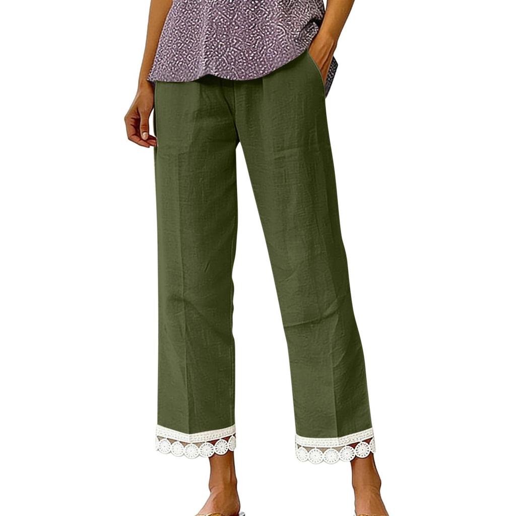 Women's Fashion Color Elastic Waist Pocket Lace Splicing Casual Straight Pants
