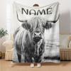 Highland Cow With Long Horns And Shaggy Fur Standing In A Field With Above Its Head Lightweight Customizable Blanket Customize Text Comfortable For