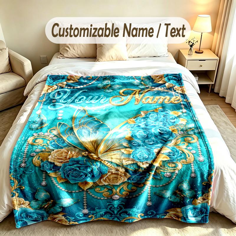 Butterfly Theme Soft Blanket Personalized Custom Name Text Print Warm Blanket Home Sofa Bedroom Decor