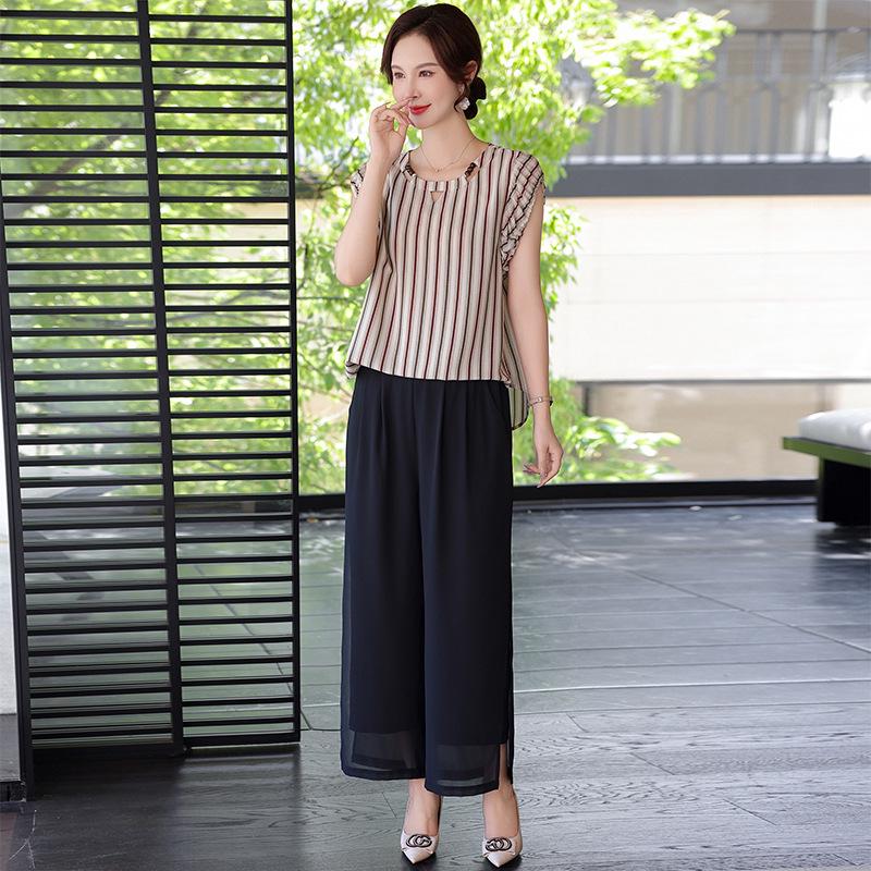 Elegant Summer Chiffon Two-Piece Set for Middle-Aged Women 3XL [120-135 jin]