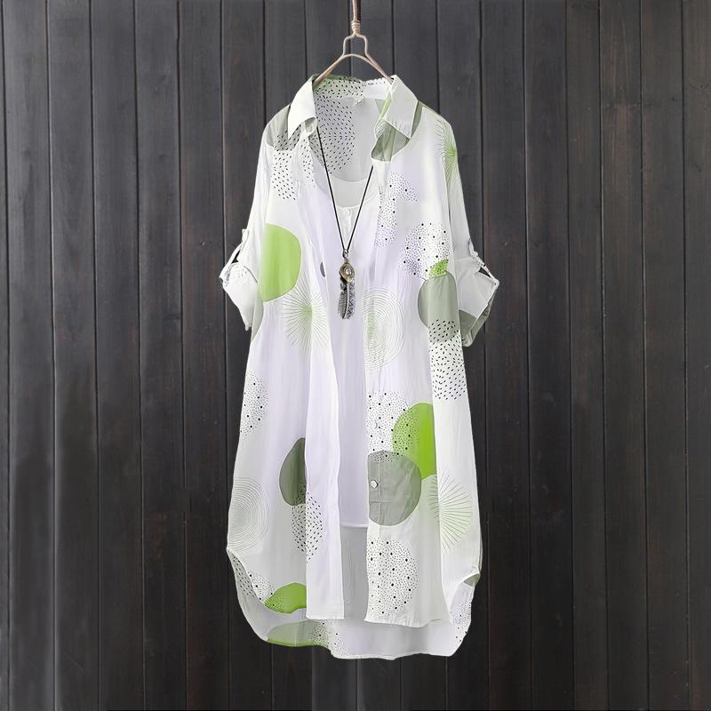 Camisa Estampada de Protección Solar para Mujer - Holgada, de Longitud Media, Talla Grande, Top de Verano