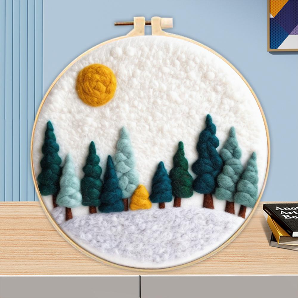 CHENISTORY 20x20cm Frame With Wool Felting Painting Kit Landscape Funny Diy Felt Crafts Package Felt Needle For Home Decoration