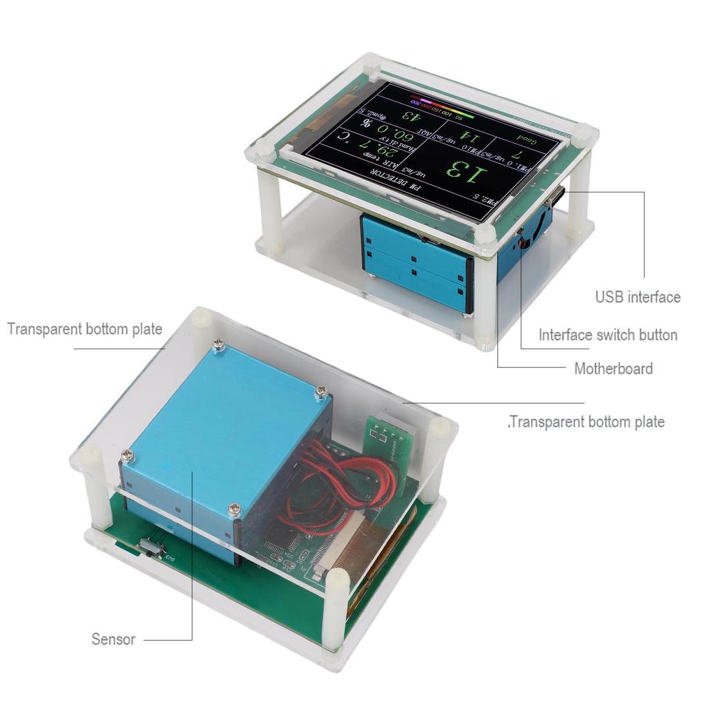 Air Quality Sensor PM1.0 PM10.0 PM2.5 Temperature Humidity Detection Indoor Environment Tester USB Powered 2.8 Inch TFT Display
