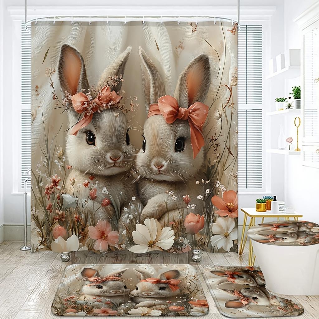 1/4 buc Iepuraș de Paște Iepure de Paște Set Perdea de Duș Impermeabilă Set Decorativ pentru Baie Covor Antiderapant Capac WC Covoraș de Baie și 12 Cârlige
