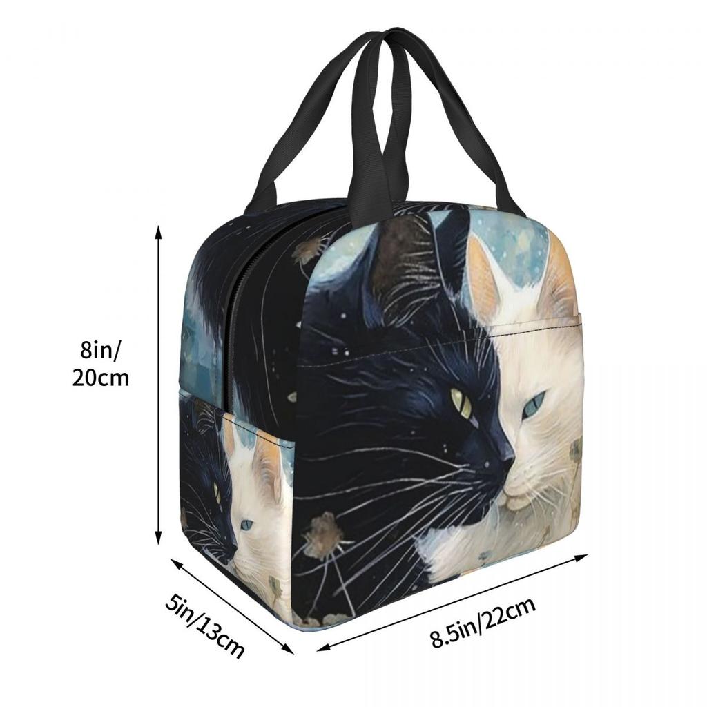 Cartoon Black White Cat Print Insulated Lunch Bag for Women Office Cooler Thermal Food Box Tote Portable Lunch Boxes Container
