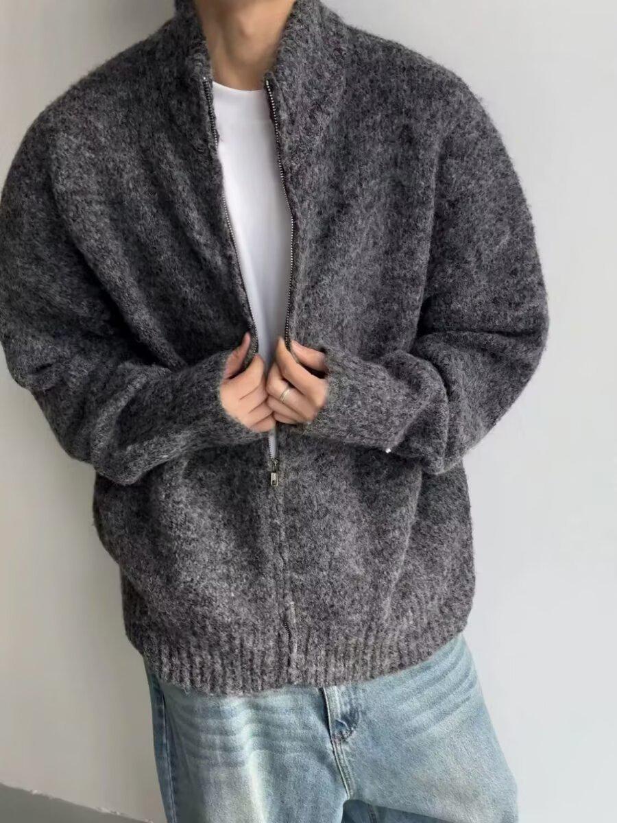 

Чоловічий ретро в язаний кардиган-светр з високим коміром - Теплий, повсякденний, однотонний, для зимових та осінніх пар XL темно-сірий