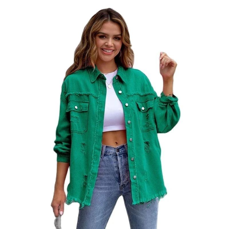 Holes Raw-edges Denim Jacket Women Spring Autumn Shirt Style Jeancoat Casual Top Outerwear Lady Coat