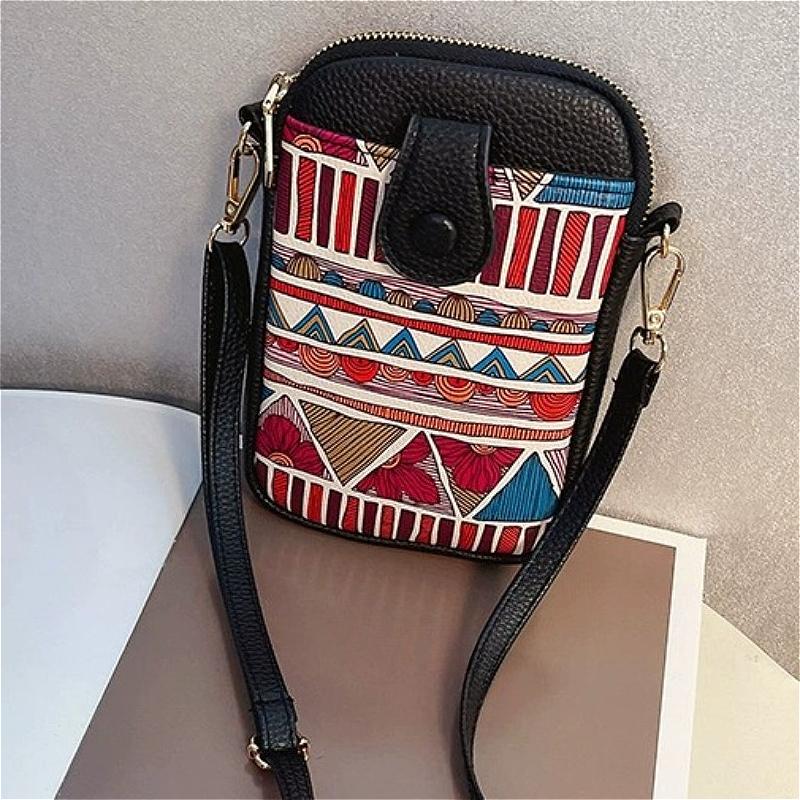 Ethnic Pattern Mini Crossbody Phone Bag for Women Double Zipper Leather Small Shoulder Pouch with Card Slots Strap for Travel & Daily Use