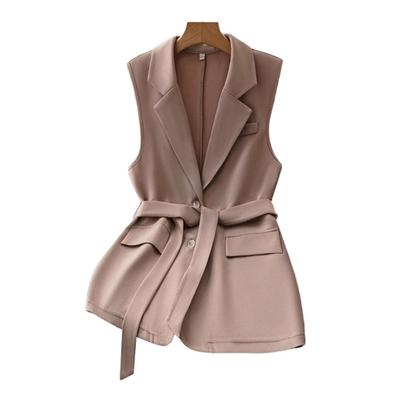 Women's Sleeveless Blazer Vest Button Lapel Collar Work Jacket Fall Casual Long Dressy Coat with Belt