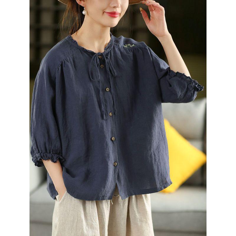 

Retro Heavy 100% Linen High-Quality Non-Transparent Meat Embroider Stringy Selvedge Lace-up Shirt Coat Single-Breasted Shirt Tibetan Blue One size