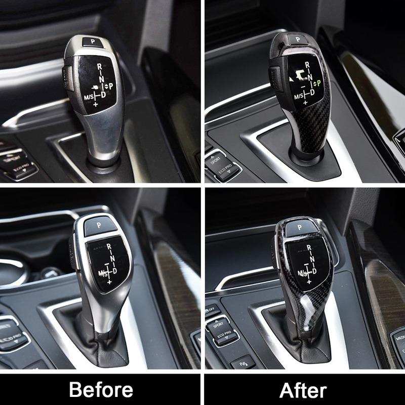 Textura de fibra de carbono para bmw f30 f10 f15 f07 f20 f21 f22 f32 f34 f35 5gt quadro do painel de mudança de engrenagem do carro botão de engrenagem capa cabeça guarnição