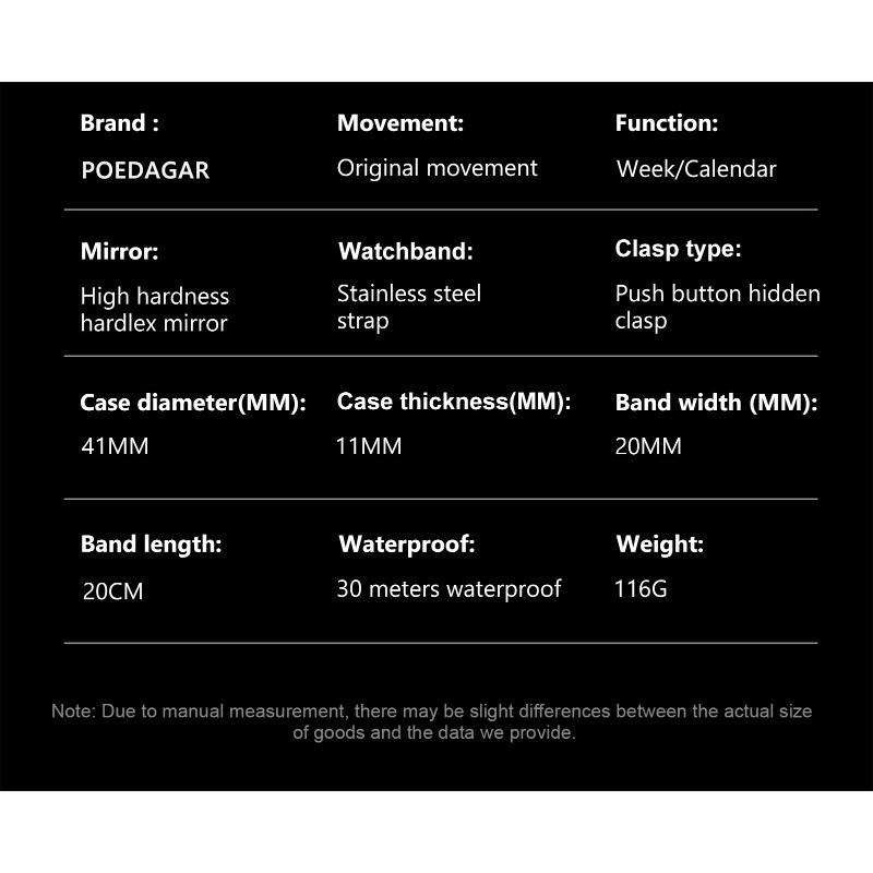 POEDAGAR Fashion Luxury Man Clock Waterproof Luminous Date Week Wristwatch Stainless Steel Quartz Business Watches for Men