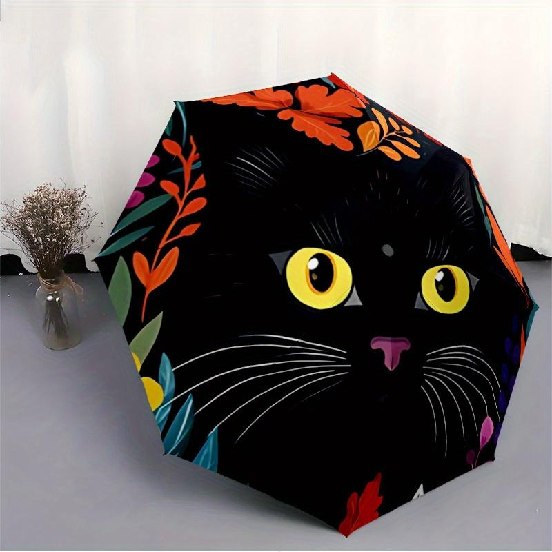 1pc Black Cat Illustration Automatic Folding Umbrella - 8-Rib Iron Frame, Windproof, Portable Sunshade with Plastic Handle for Travel & Outd