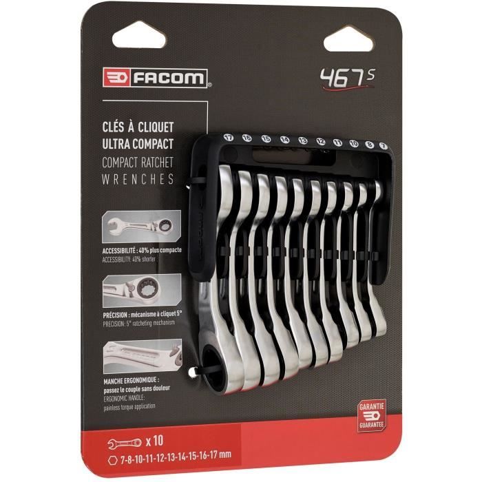 Sats med 10 kombinycklar - FACOM - 467BS.JP10PB - Spärrnyckel - Kort - I bärbar väska