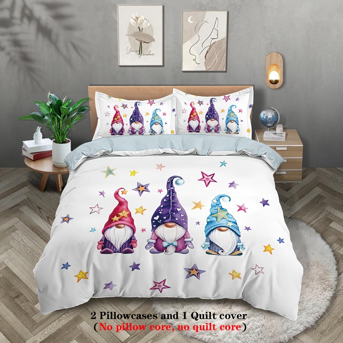 

3pcs Christmas Greetings Themed Bedding Set Soft Breathable Cartoon Gnomes and Stars Design Digital Print Polyester EU Twin(135x200cm)