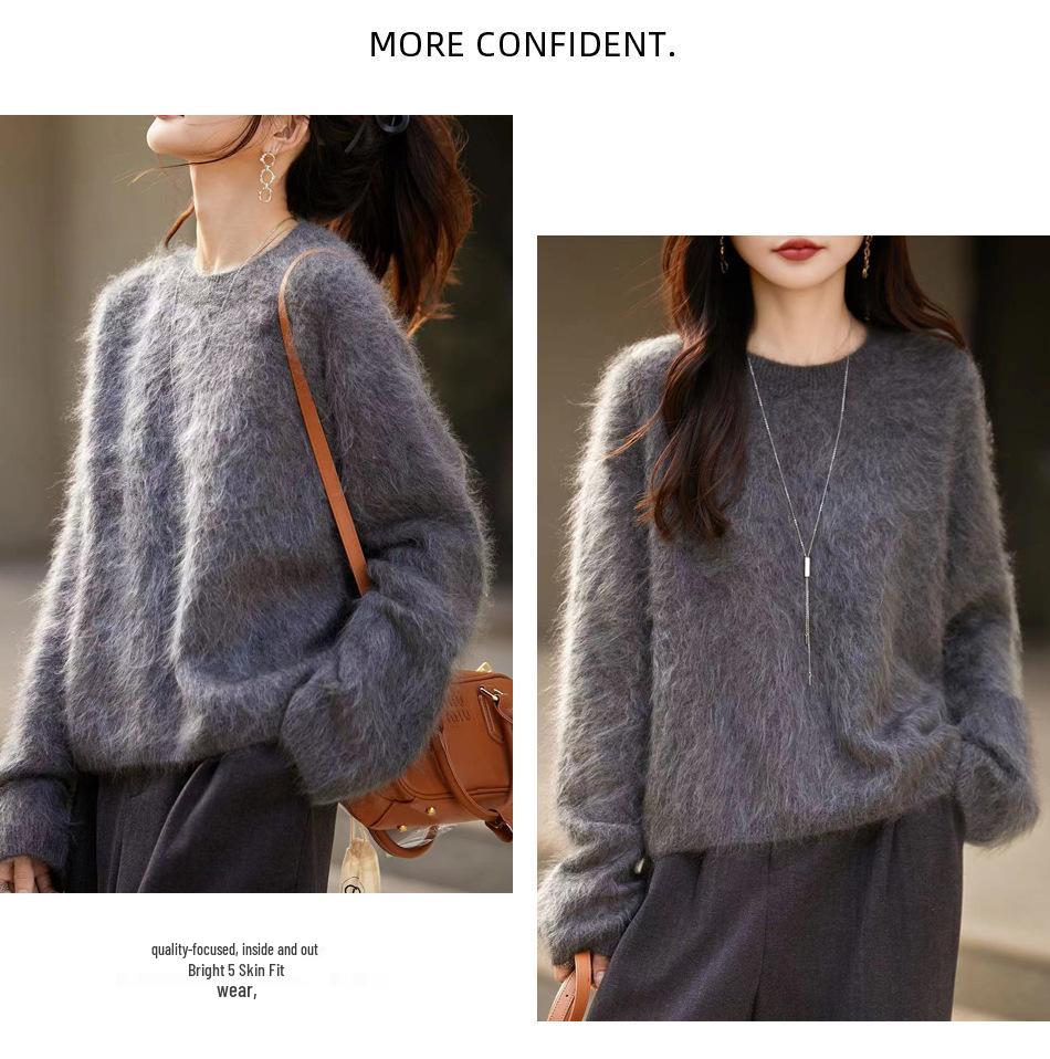 Women's Seamless Cashmere Wool Blend Crew Neck Sweater - Brushed Knit One-Piece Base Layer for Fall/Winter