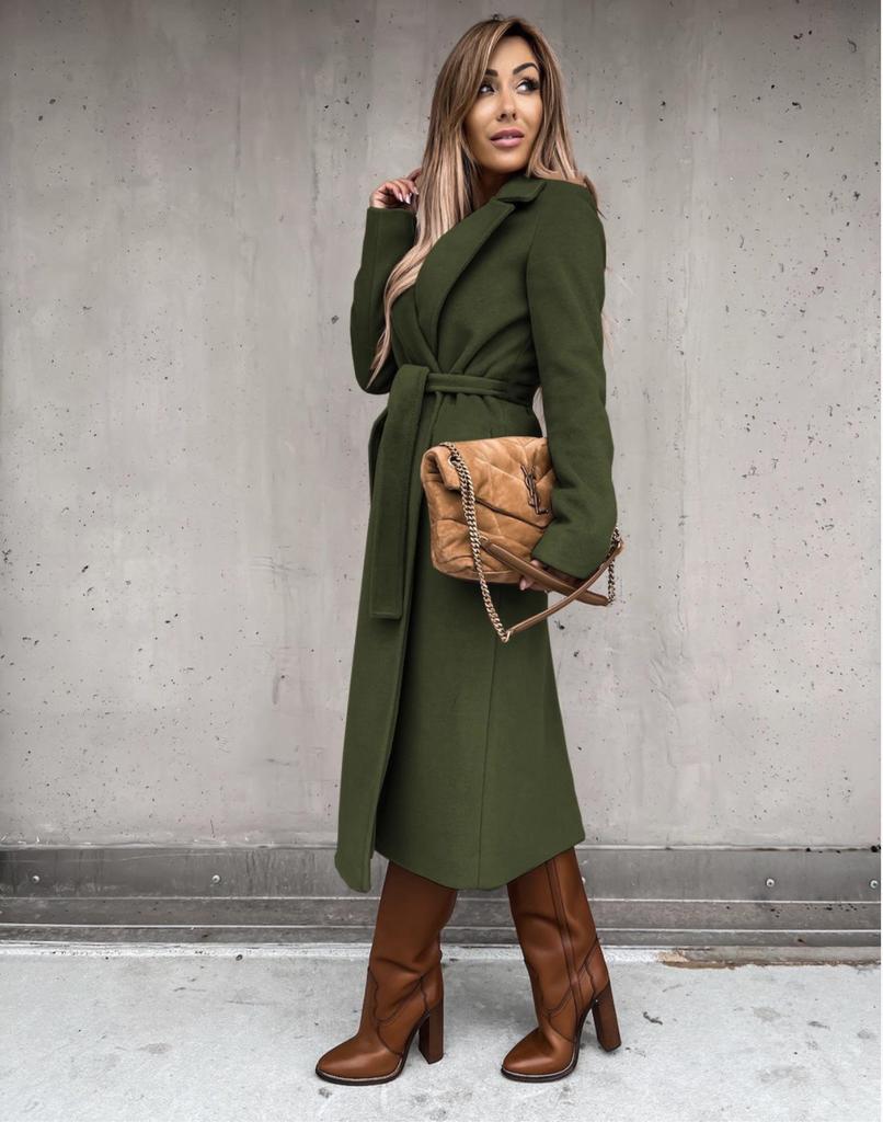 Women's Spring/Autumn Simple V-neck Wool Long Coat with Tie