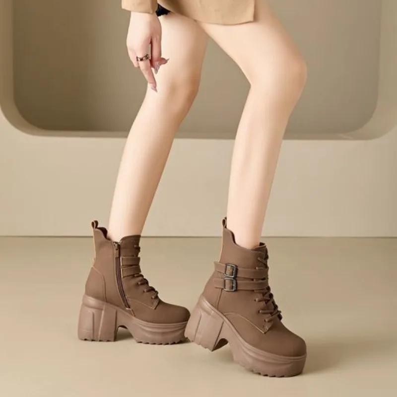 Fashion 10cm Microfiber Synthetic Women ZIP Chunky Heels Platform Booties Autumn Ankle Spring Ankle Motorcycle Thick Soled Shoes