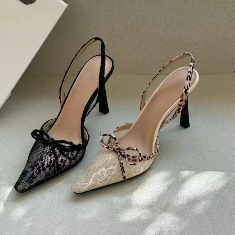 2025 New Women's Sandals High Heel Leopard Print Lace Pointed Toe Bow Heels Women Dress Sexy Designer Style Zapatillas De Mujer