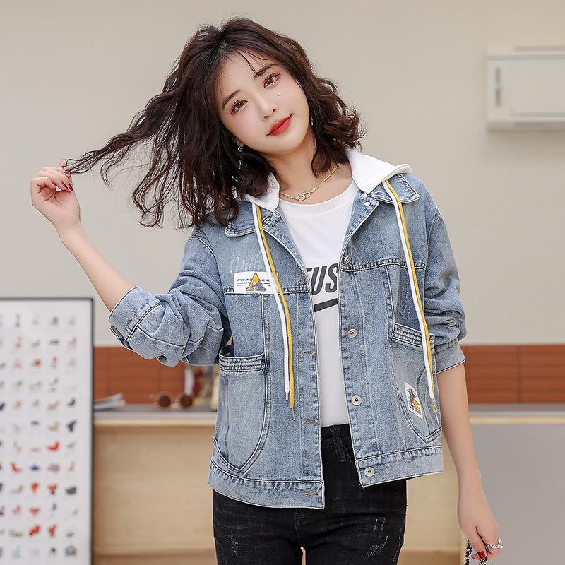 Trendy Women's Spliced Denim Jacket - Spring/Autumn 2025 Korean Loose Fit Short Hooded Style