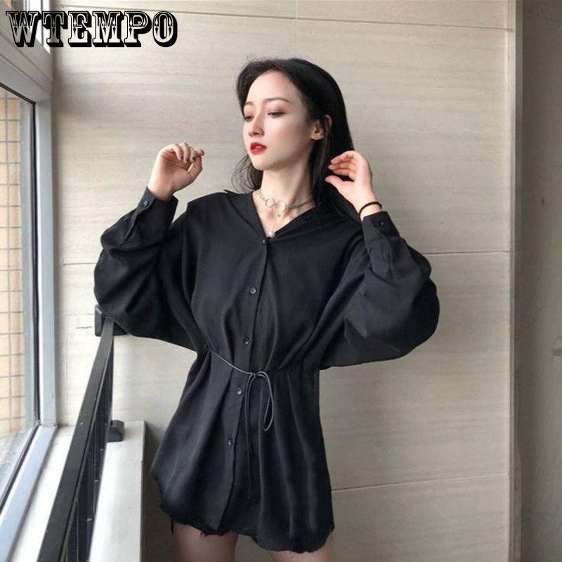Women Blouses Spring Long Sleeve Black Chiffon Shirt with Belt Ladies Loose All-match Fashion Chic Casual Simple Tops
