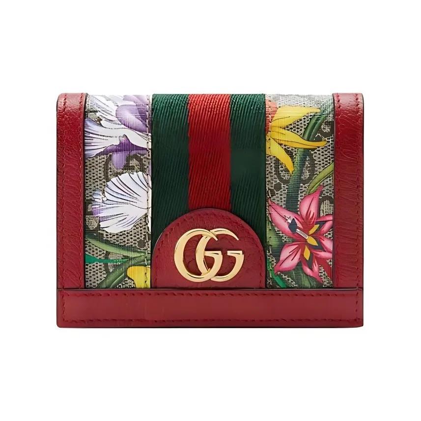 

GUCCI Ophidia Floral Print Vintage Logo Stripe Webbing Short Flap Canvas Leather Wallet Card Holder Women s Ebony Red Gift Box Set (Basic Set + Original Box) червоний/ебеновий