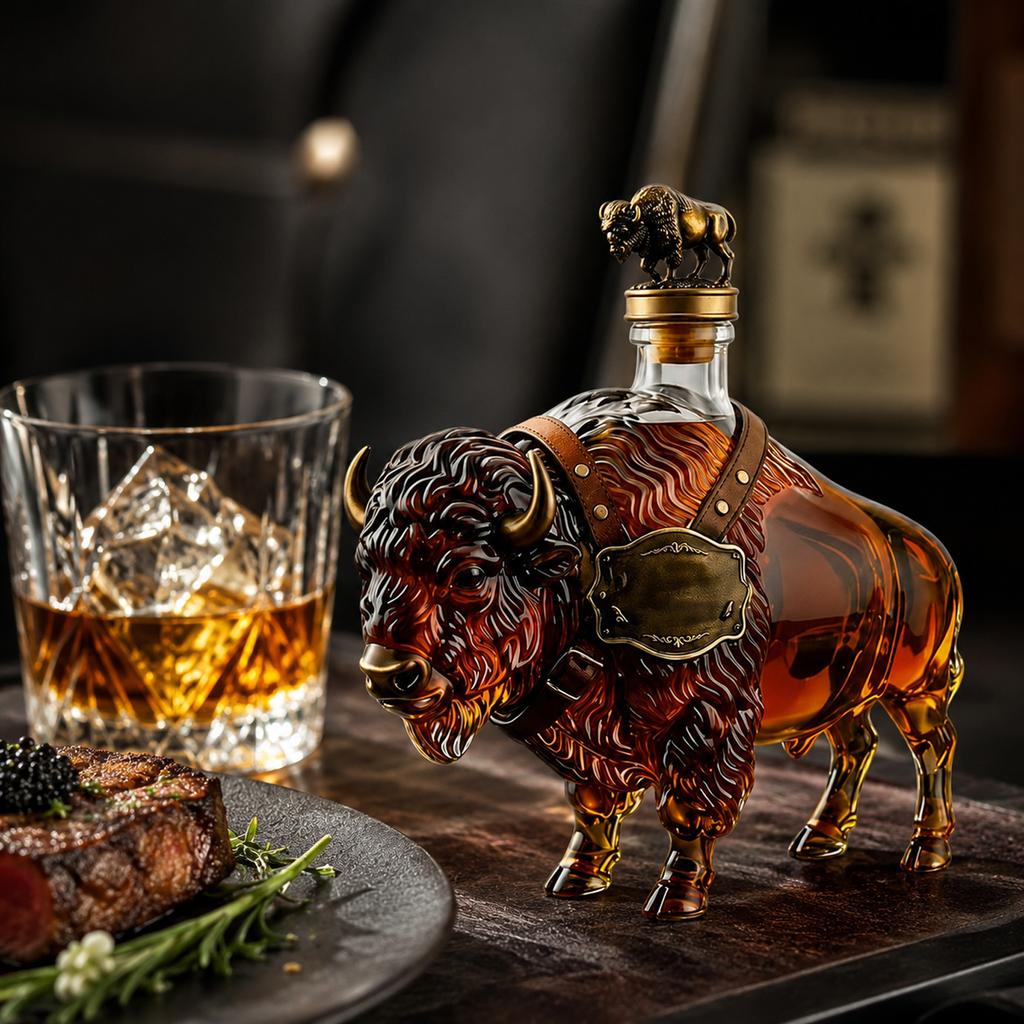Buffalo Shaped Glass Liquor Bottle High Borosilicate Glass Whiskey Decanter Decorative Spirit Container with Cap for Home Bar Display