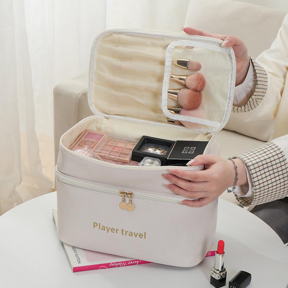 Light Luxury Fashion PU Double-Layer Makeup Bag Travel Large Capacity Toiletry Skincare Storage Bag Essential Travel Accessories