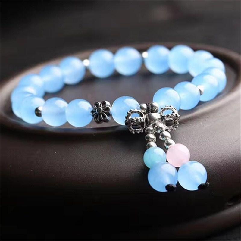 Fresh Blue Chalcedony Bracelet Tibetan Silver Women'S Single Circle Multi-Circle Pink Crystal Trick Peach Blossom Yellow And Blue Bracelet Gift Leaf
