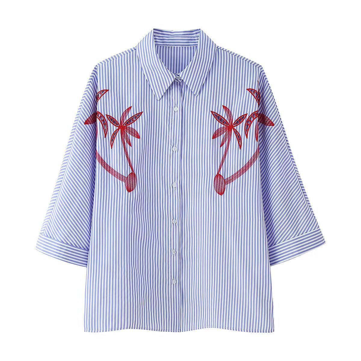 

Женская мода весна 2025: Рубашка в европейском и американском стиле в полоску с вышивкой L синий