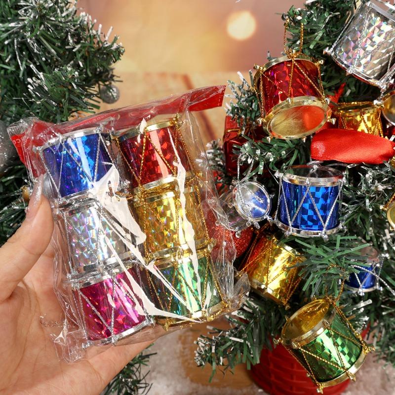 6/60pcs Colorful Glitter Drum Pendant Mini Christmas Tree Ornaments New Year Party Decor Christmas Hanging Decoration Pendants