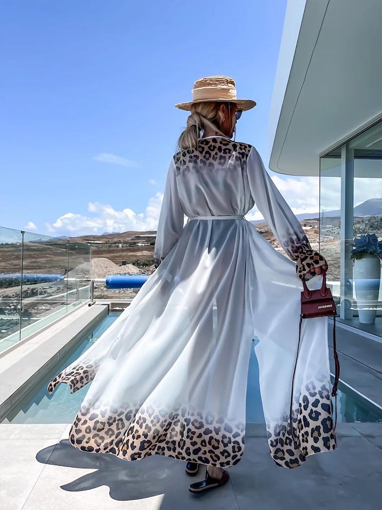 Leopard Print Beachwear Bathing Suit Coverup Plus Size Chiffon Long Sleeve Maxi Dress Open Front Kimono Cardigan Lightweight Tunic Belt Outfit A2705