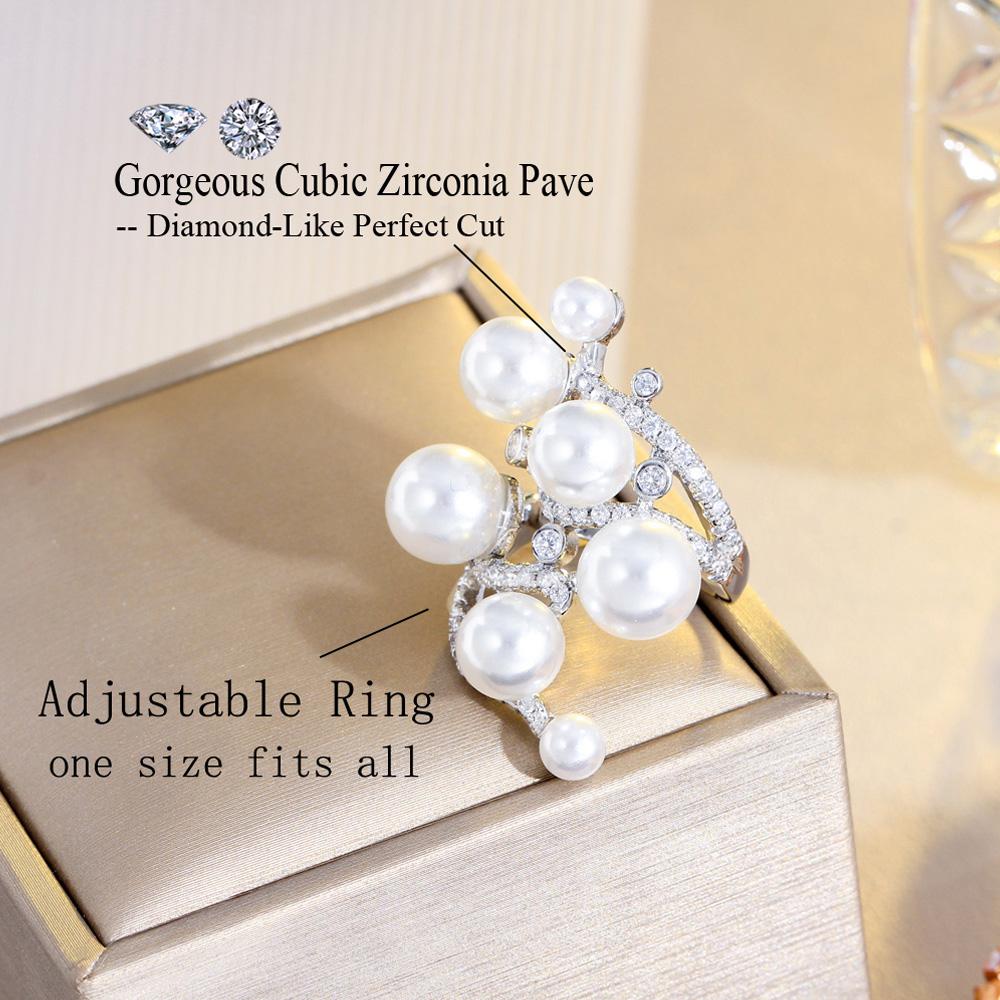 CMM Adjustable Size Unique Creative Design Shiny White Cubic Zirconia Engagement Artificial Pearl Rings for Women