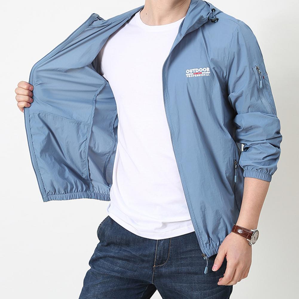 Men Summer Sun Coat Hooded Drawstring Long Sleeve Anti UV Jacket Letter Print Zipper Placket Windbreaker