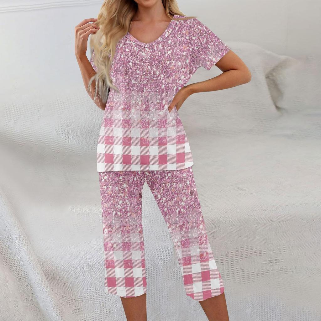 2 Piece Sets For Women Short Sleeve Top And Pants With Pockets Workout Soft Textured Print Sets