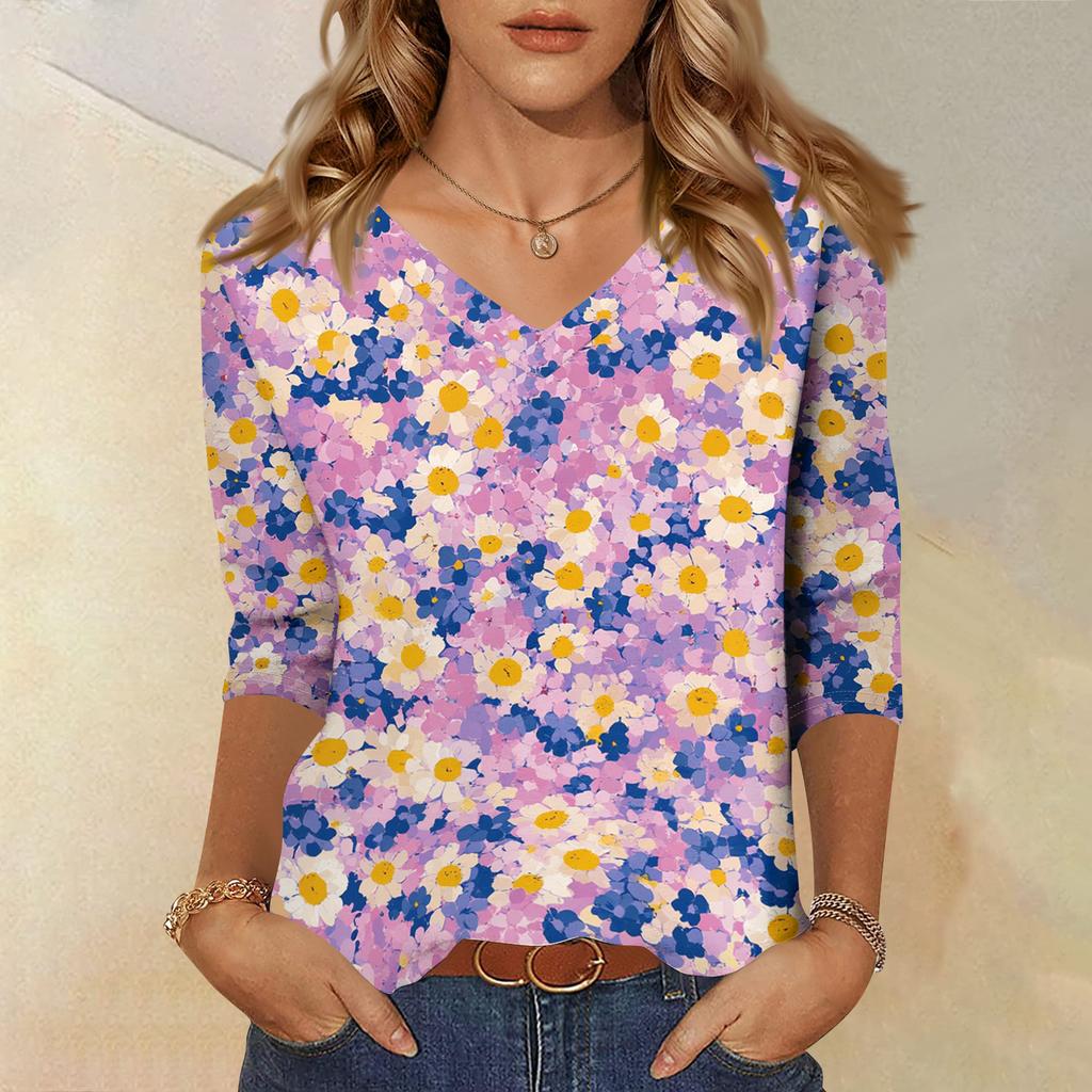 Women’s V Neck Floral Print Blouse Three Quarter Sleeve Casual Loose Fit Lightweight Top for Everyday Wear