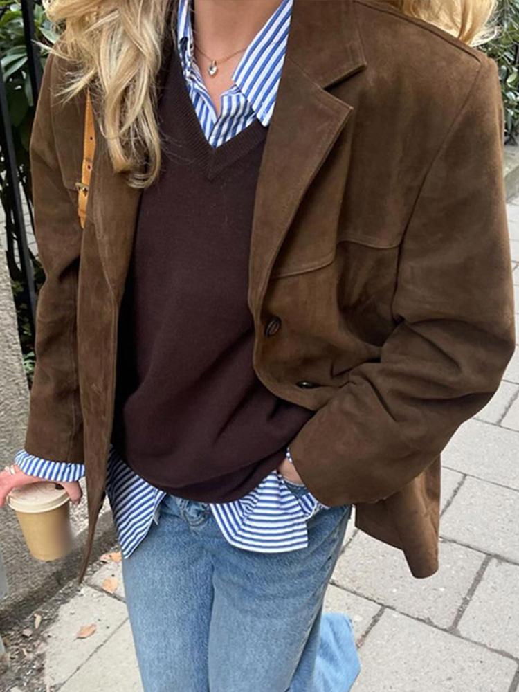 French Chic Vintage Jacken High Sense Damen Casual Loose Revers Einreiher Oberbekleidung Herbstmode Lange Ärmel Retro Braun Mantel