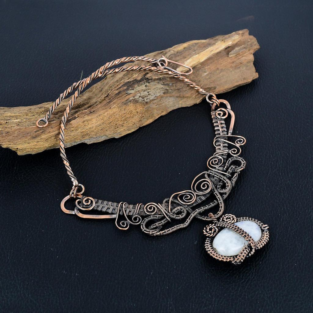 Rainbow Moonstone Necklace Gemstone Jewelry, 999 Copper Wire Wrapped Necklace, Adjustable Handmade Beautiful Jewelry Chain Necklace