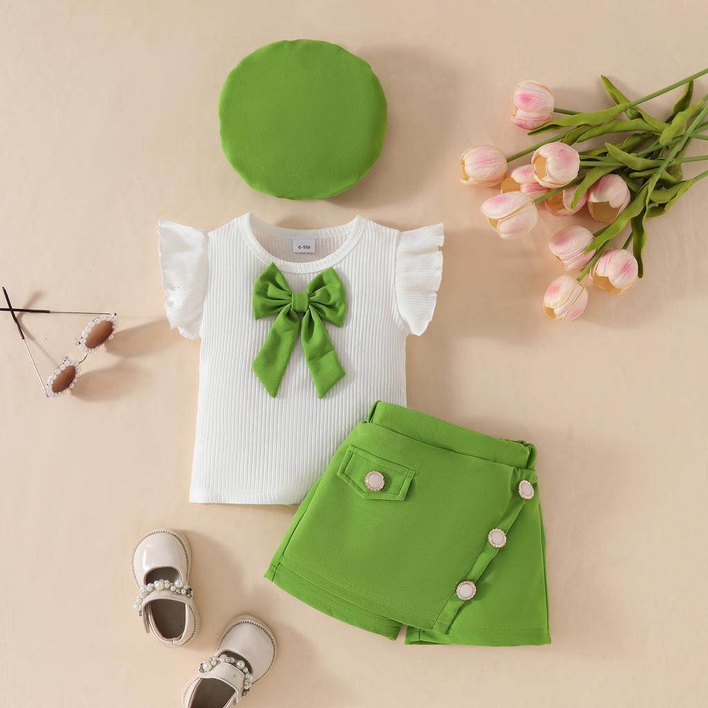 2026 LY New Casual Breathable Kids Clothes Girls Sleeveless Ruffled Top Large Bow Buttoned Skirt-Pants Beret Hat Clothing Set