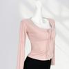 Chic Peach Pink U-Neck Women's Long-Sleeve Tie-Up Top