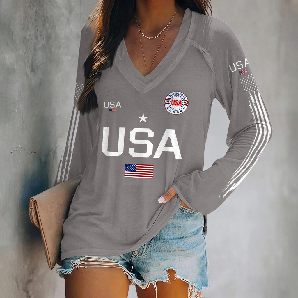 Sweter z długim rękawem i dekoltem w serek z nadrukiem liter USA i grafiką flagi, luźny top w stylu unisex dla kobiet i mężczyzn, wygodny, lekki design