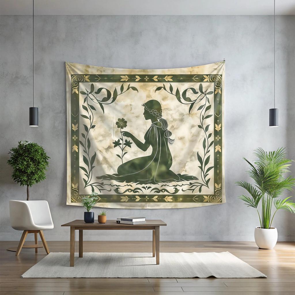 Vintage Girl Silhouette Floral Tapestry 2D Flat Printed Peach Skin Wall Hanging Aesthetic Room Decor for Bedroom Living Room