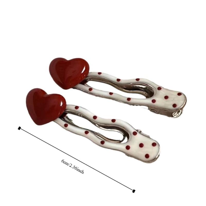 2 PCS Red Heart Bangs Duckbill Hair Clips Polka Dot and White Wave Point Hair Accessories  For Girls