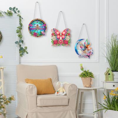 3pcs 2D Flat DIY Diamond Painting Set Rhinestone Diamond Art Window Pendants Diamond Art Pendant Wall Decor for Home & Windows