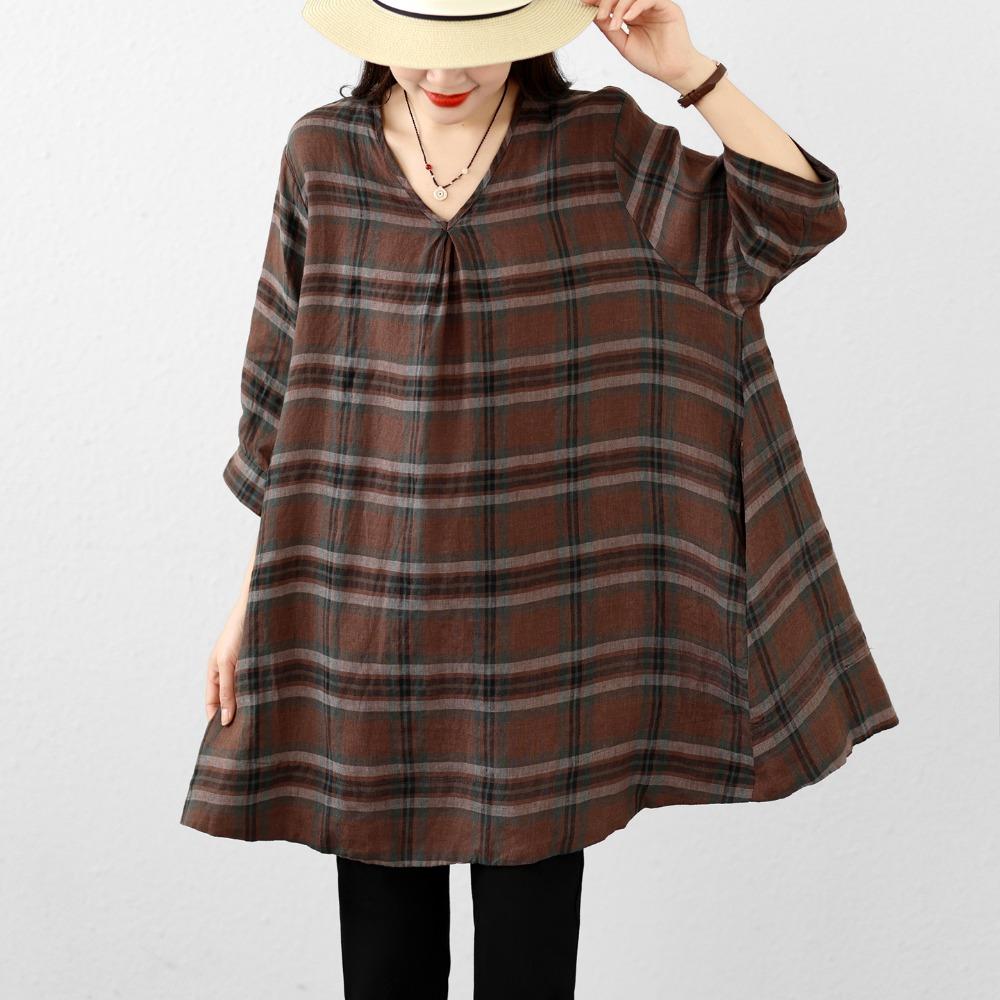 DIMANAF 2026 Summer New Plus Size Women T-Shirts Casual Vintage Print Plaid Blouse Shirts Lady Tops Tees Cotton Oversized