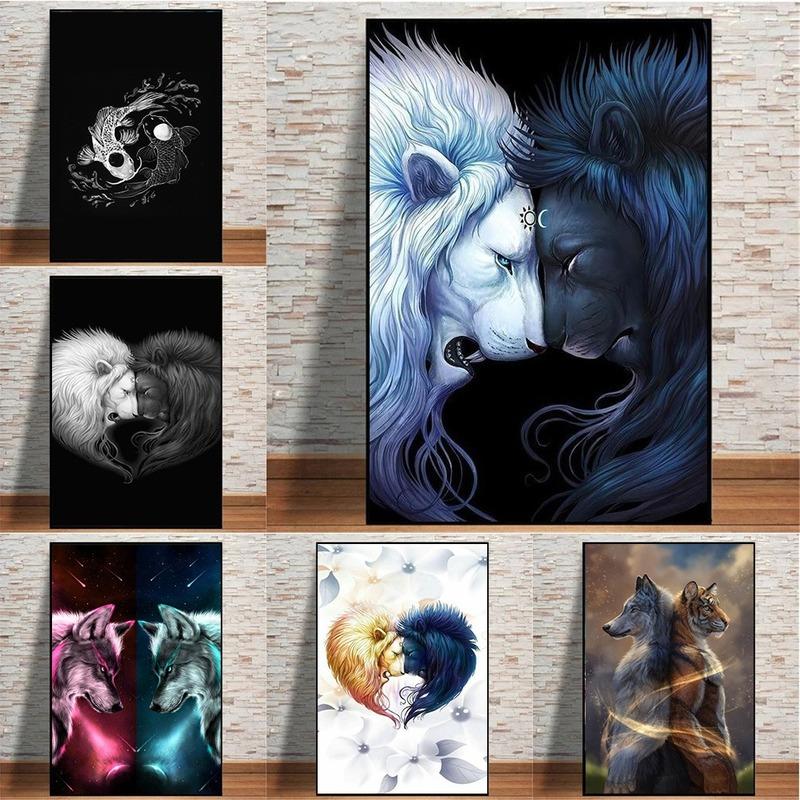 Quadro Runa Art Con Stampa Leoni Amore Su Tela Non Tessuta, Decorazione Murale Per Soggiorno E Camera Da Letto, Made In Germany, 002156c