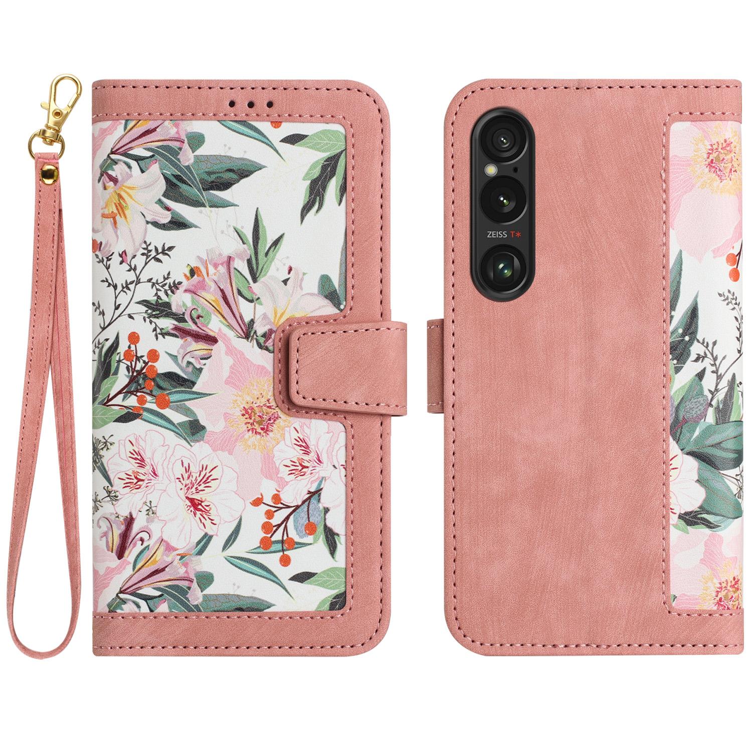 

For Sony Xperia 1 VI Case Flower Pattern Card Slots Leather Phone Cover Pink