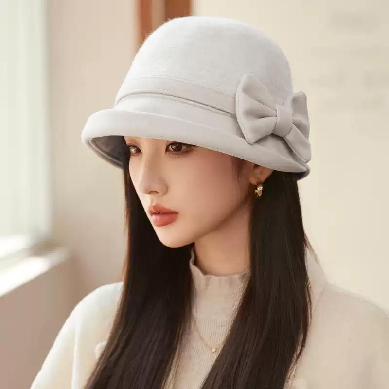 Black Bucket Hat Autumn Winter French Temperament Keeping Warm Bow Bucket Hat For Women