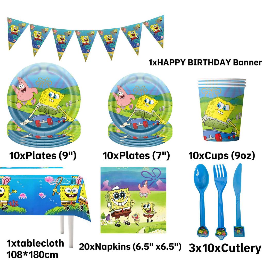 SpongeBob Birthday Party Disposable Tableware Set: Plates, Cups, Napkins, Cartoon Decorations for Girls